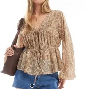 ASOS Design Sheer Smocked Top Front Ties Size 10